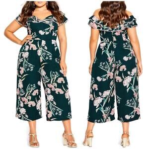 NWOT City Chic Fresh Field Floral Off the Shoulder Crop Wide Leg Jumpsuit, 14